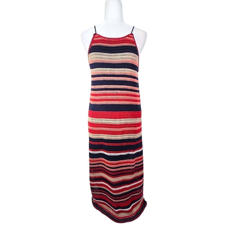 Penelope Rose Chunky Knit Strappy Navy Rusty Brown Striped Boho Maxi Dress